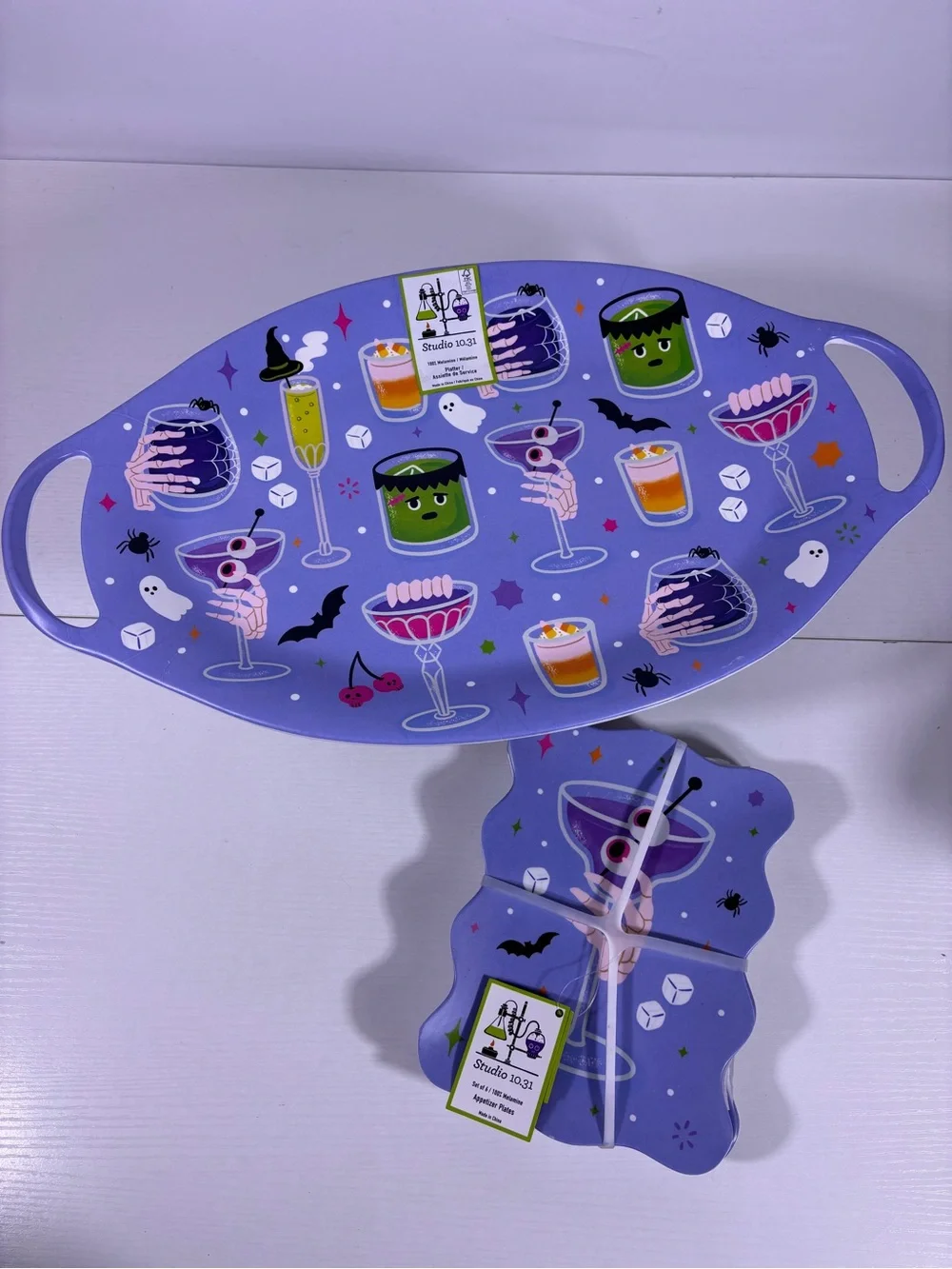 NWT Studio 10.31 Halloween Platter & 6 Appetizer Plates Spooky Cocktail Set